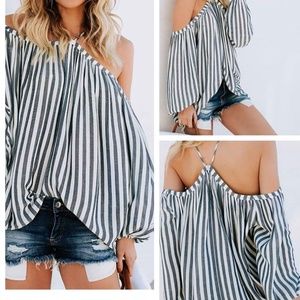 No shoulder striped shirt, with loop around the ne